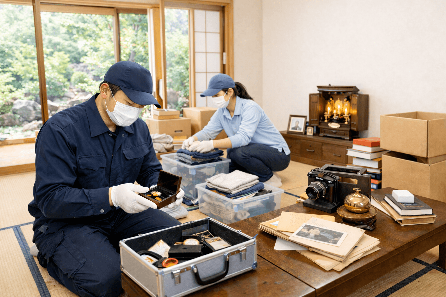 室内で遺品整理を進めるスタッフ