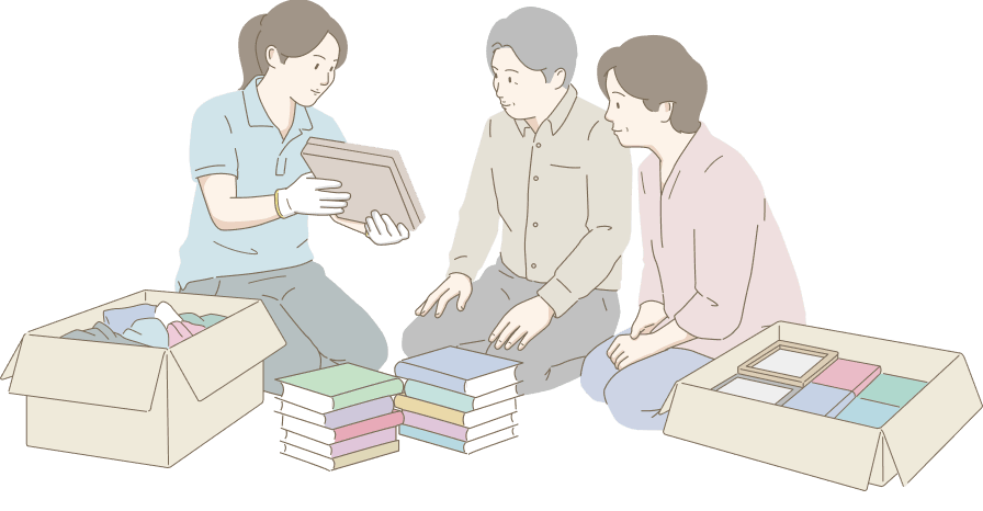 遺品を丁寧に仕分けるスタッフのイラスト
