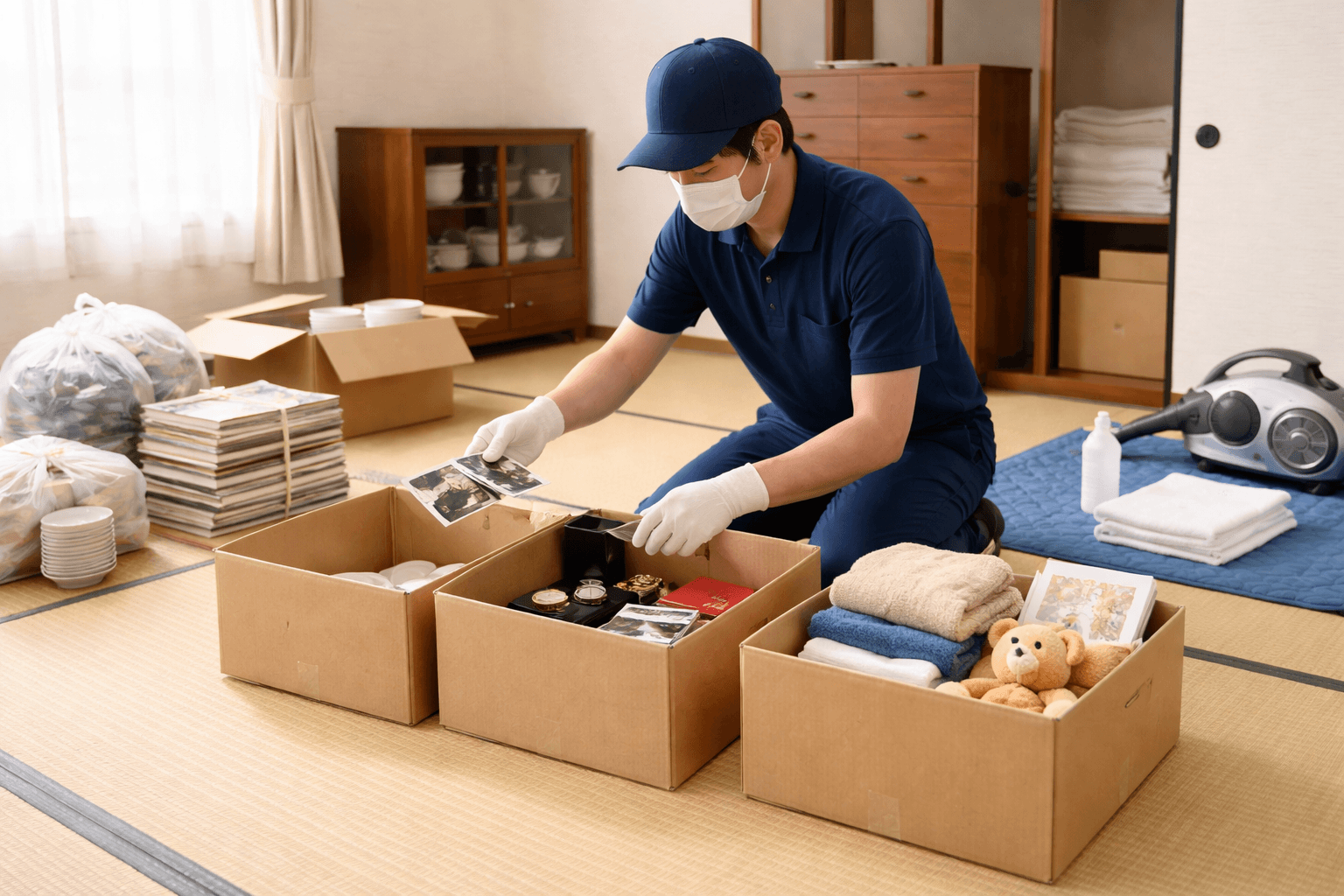 遺品を丁寧に仕分けるスタッフ