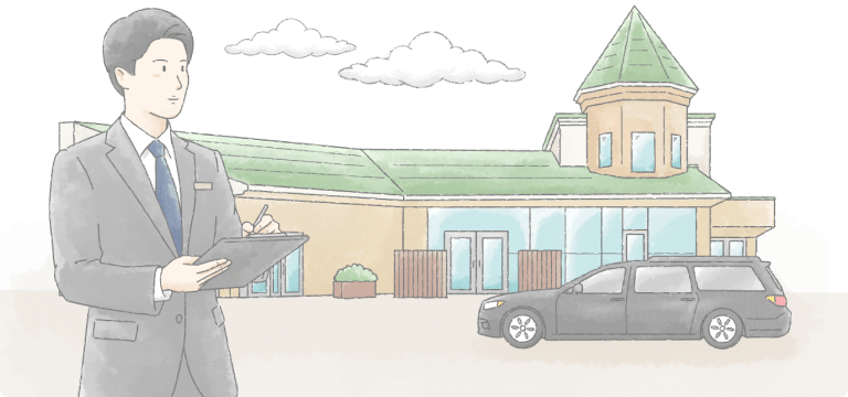 直営式場の外観と担当スタッフのイラスト