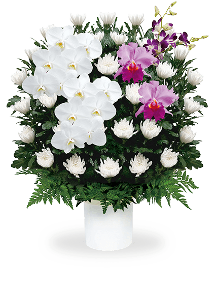 白いユリと紫やピンクの花を合わせた葬儀用生花