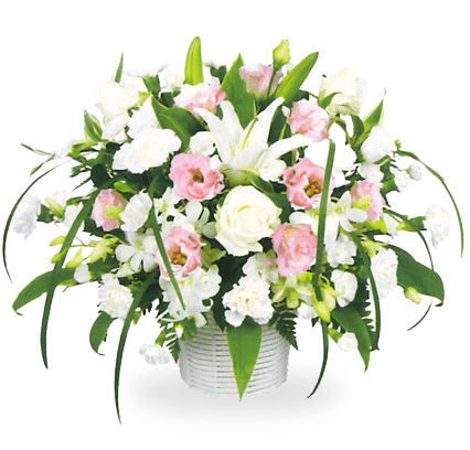 白いユリと淡いピンクの花を合わせたお供え用フラワーアレンジメント