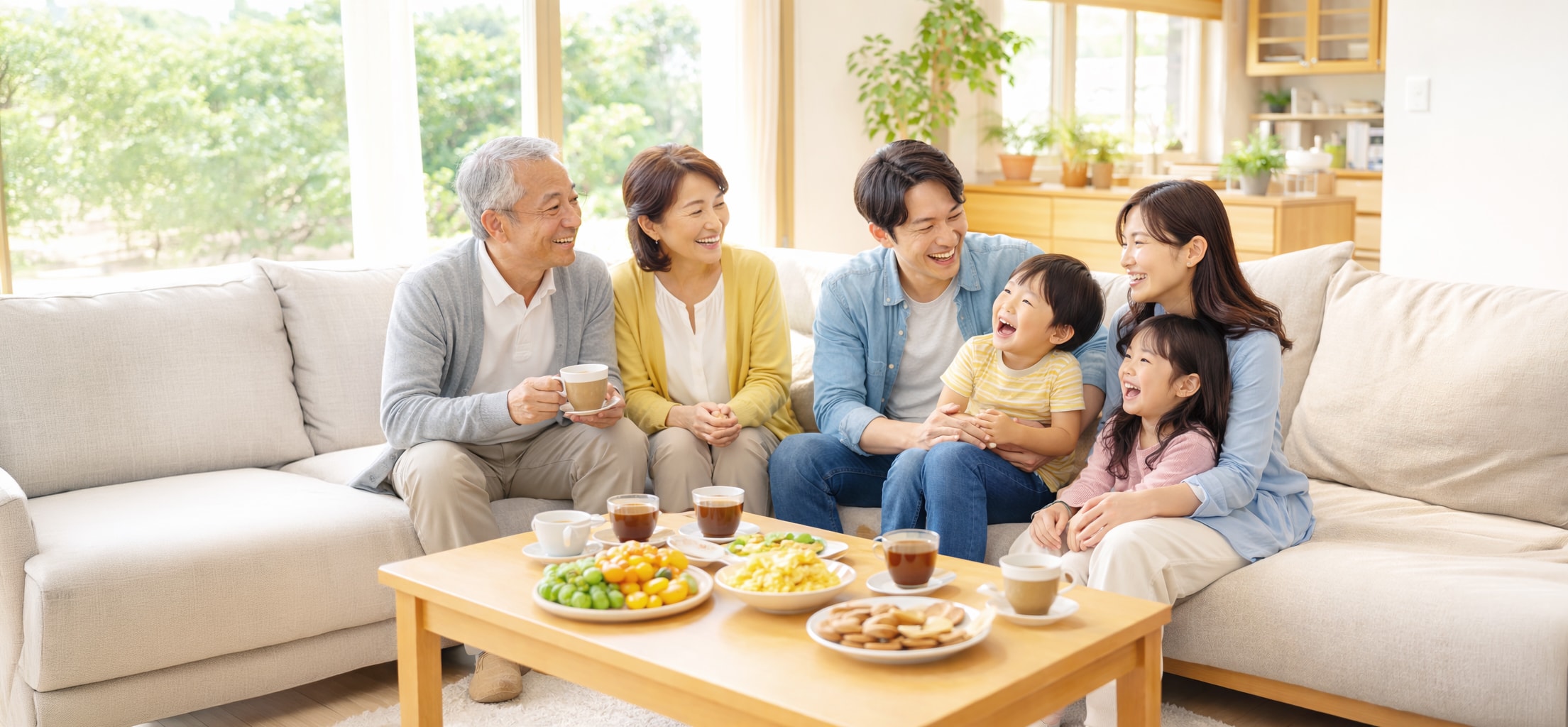 家族で食卓を囲み日常生活を楽しむ様子