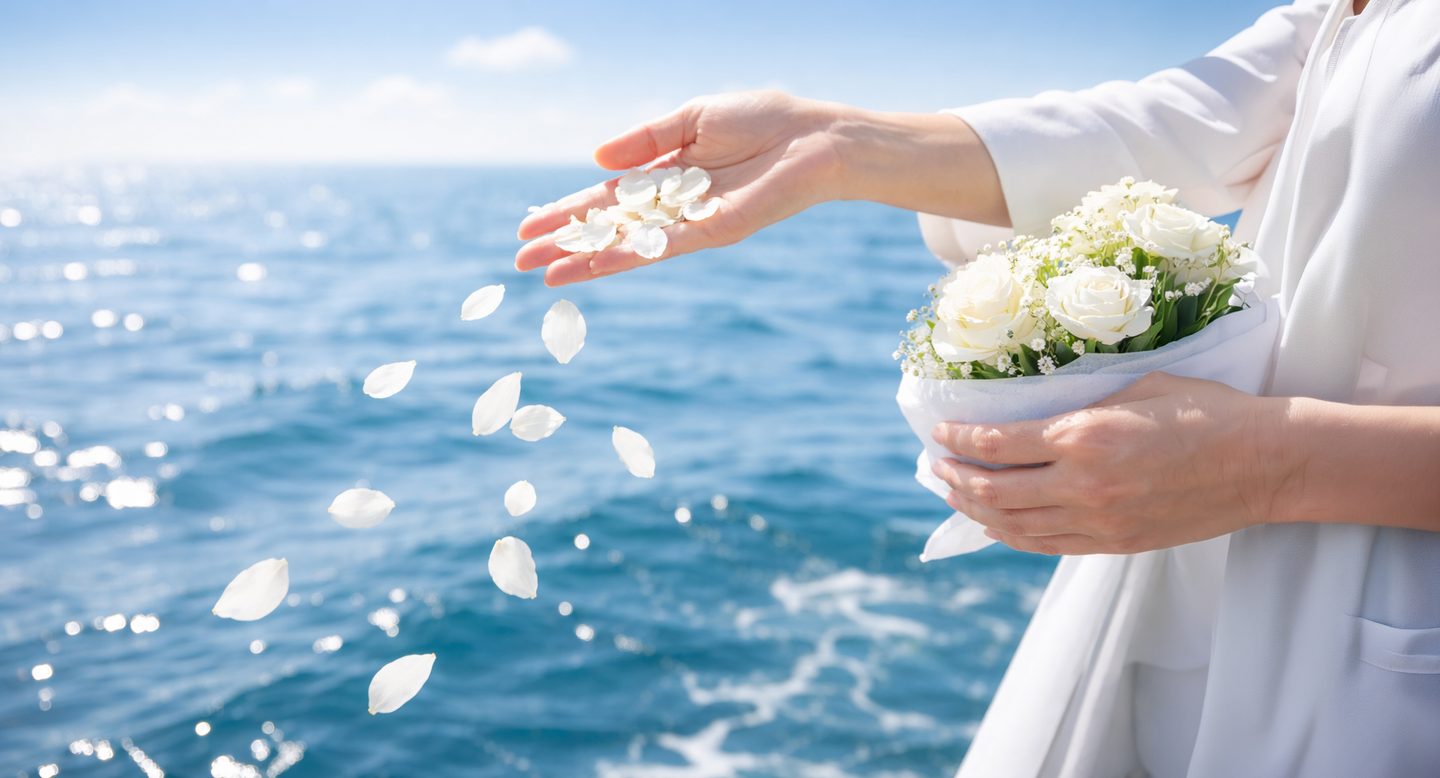 海に白い花びらとお花を手向ける海洋散骨の様子