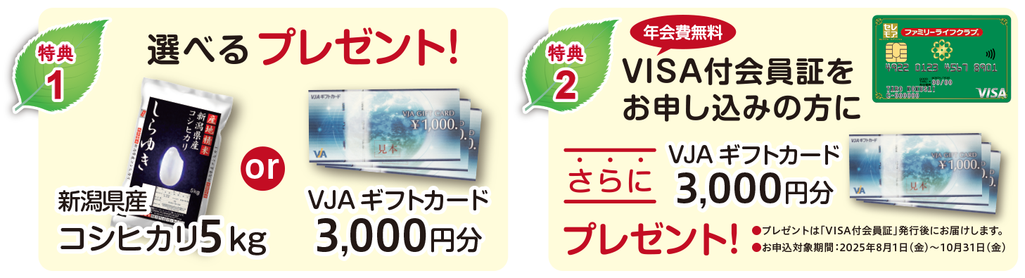 期間中ご入会の方全員に、VJAギフトカード3,000円分、または、新潟県産コシヒカリ5kg、のどちらかをプレゼント。